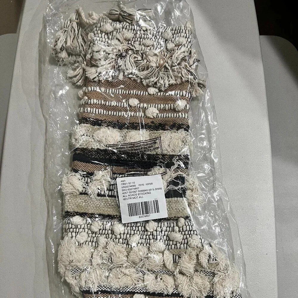 NEW Anthropologie All Roads Textured Stocking Tasseled Cream Black Rustic Boho